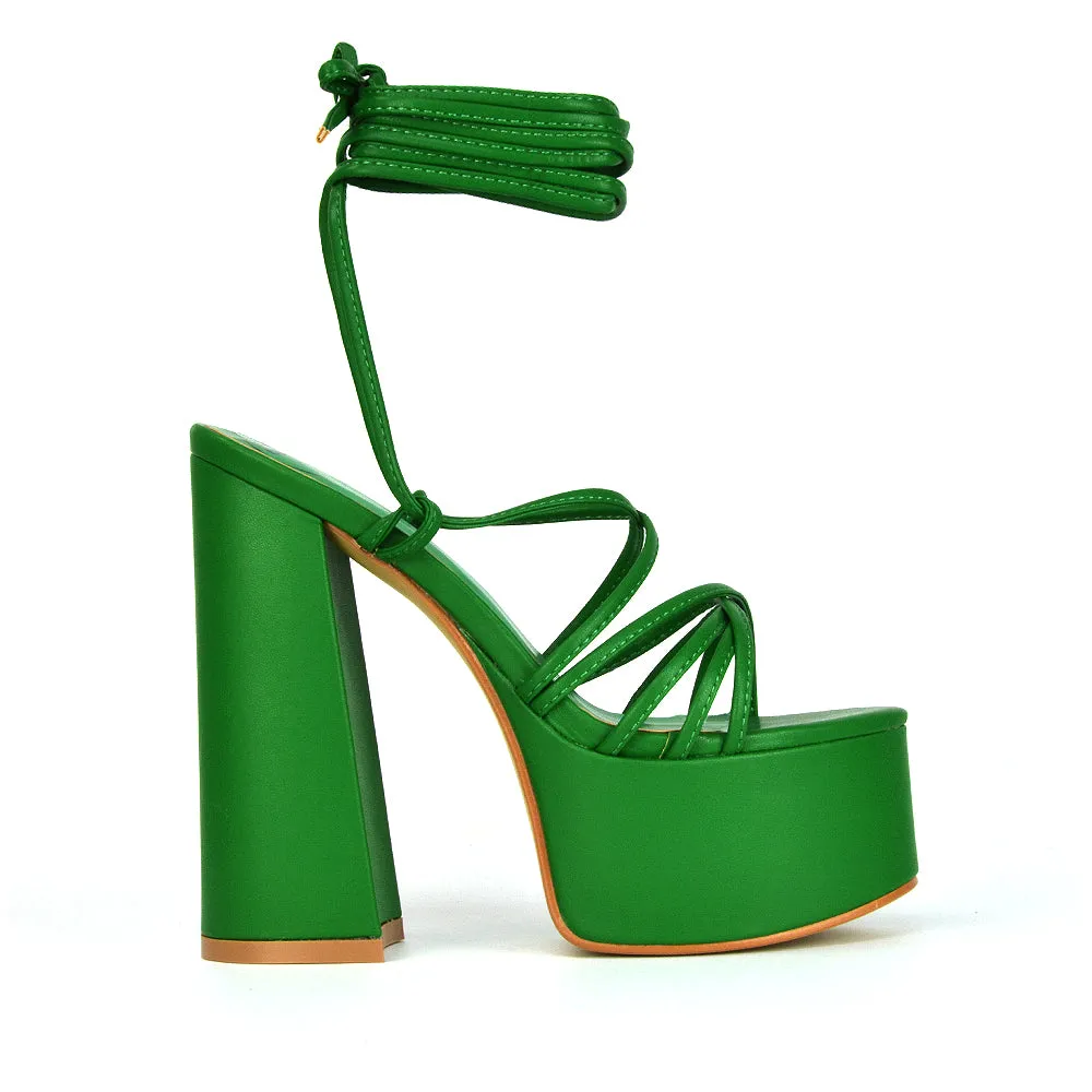 Estelle Lace Up Platform Chunky Sole Block Strappy High Heels in Black Synthetic Leather