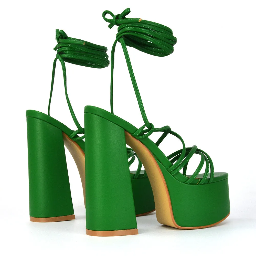 Estelle Lace Up Platform Chunky Sole Block Strappy High Heels in Black Synthetic Leather