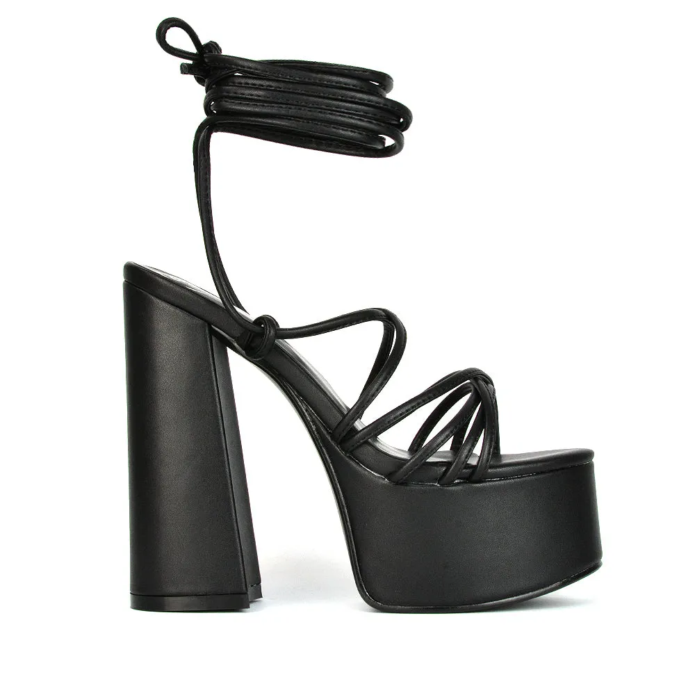 Estelle Lace Up Platform Chunky Sole Block Strappy High Heels in Black Synthetic Leather