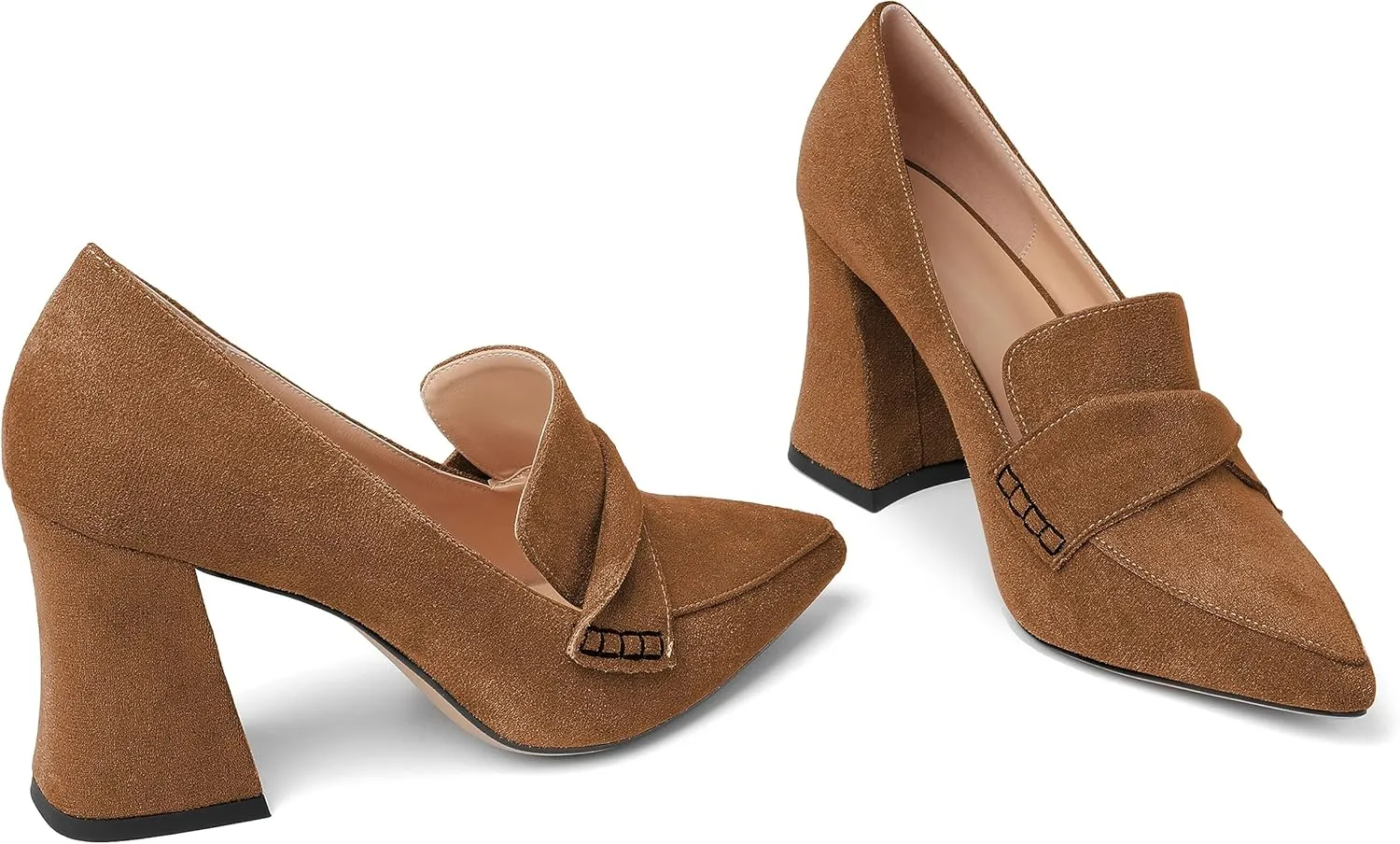 Esvowido Women's High Heel Loafers Block Chunky Heels Slip on Pumps Closed Pointed Toe Comfortable Dress Shoes for Work Office 3.5 Inch