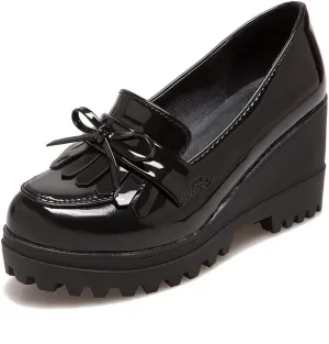 Fashion Platform Loafers for Women Slip-On Penny Loafers with Wedge Heel