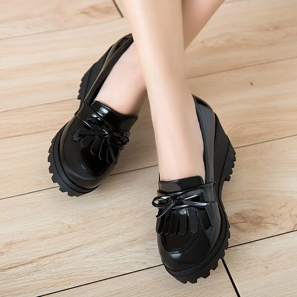 Fashion Platform Loafers for Women Slip-On Penny Loafers with Wedge Heel
