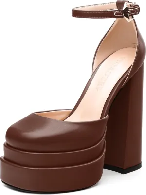 FEMSTEP Women's Chunky Platform High Heels Closed Round Toe Block Heel Pumps Ankle Strap Wedding Party Dress Shoes