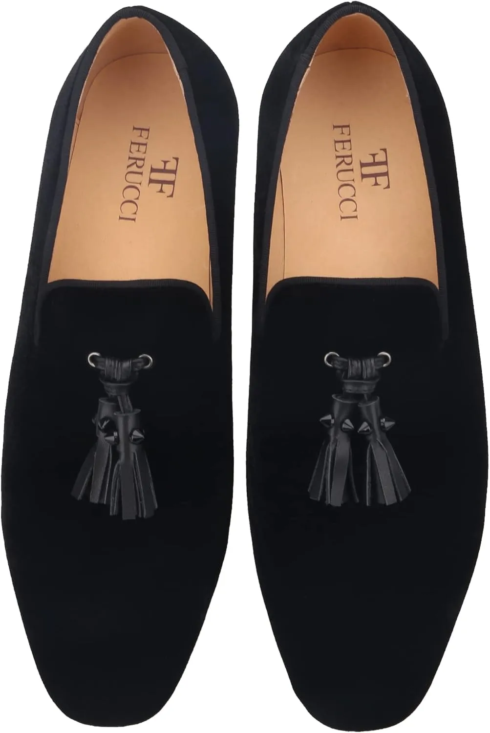 FERUCCI Men Plain Black Velvet Spiked Tassel Slippers Loafers Flats Prom Wedding