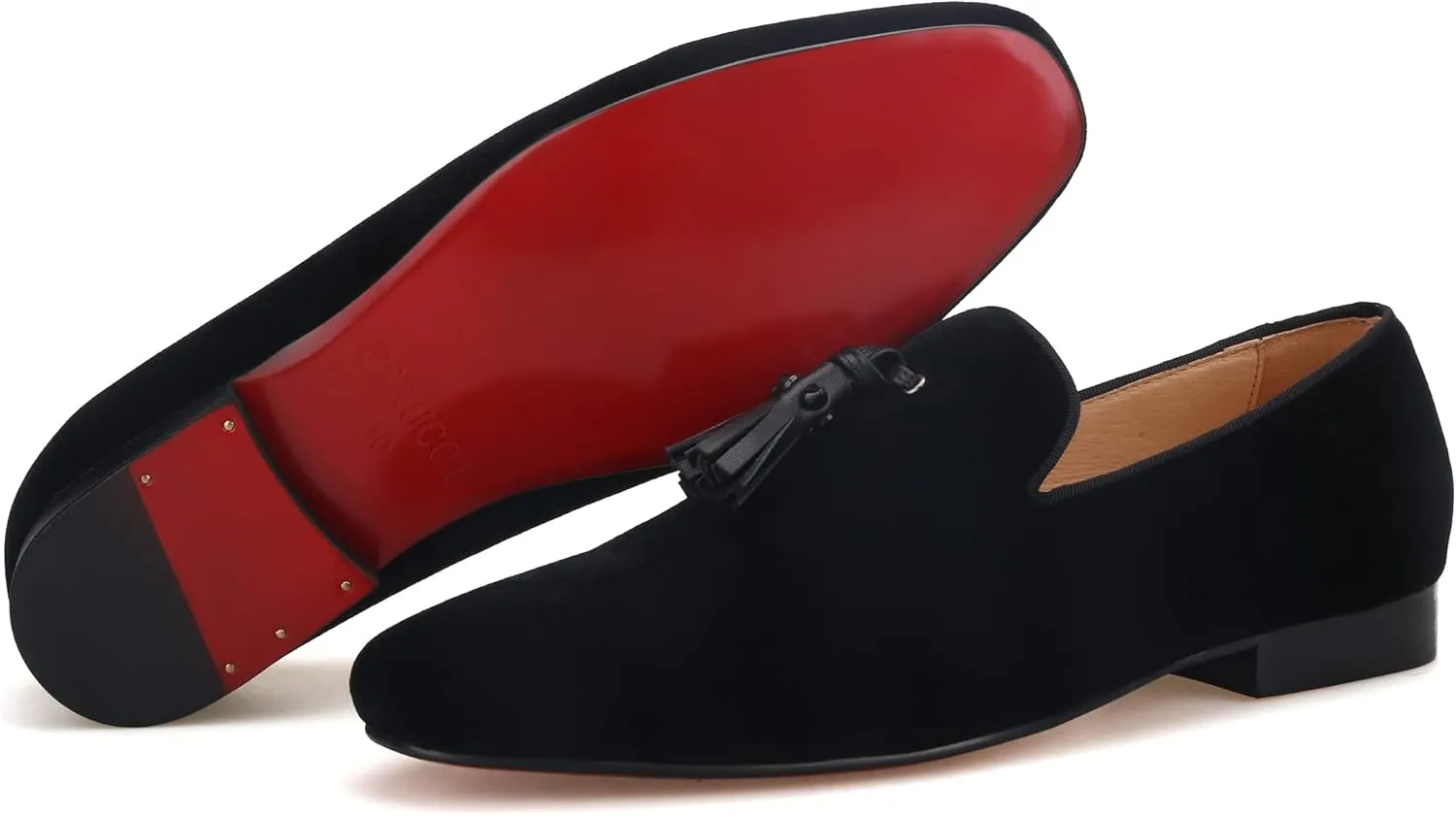 FERUCCI Men Plain Black Velvet Spiked Tassel Slippers Loafers Flats Prom Wedding