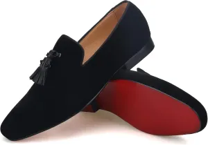 FERUCCI Men Plain Black Velvet Spiked Tassel Slippers Loafers Flats Prom Wedding