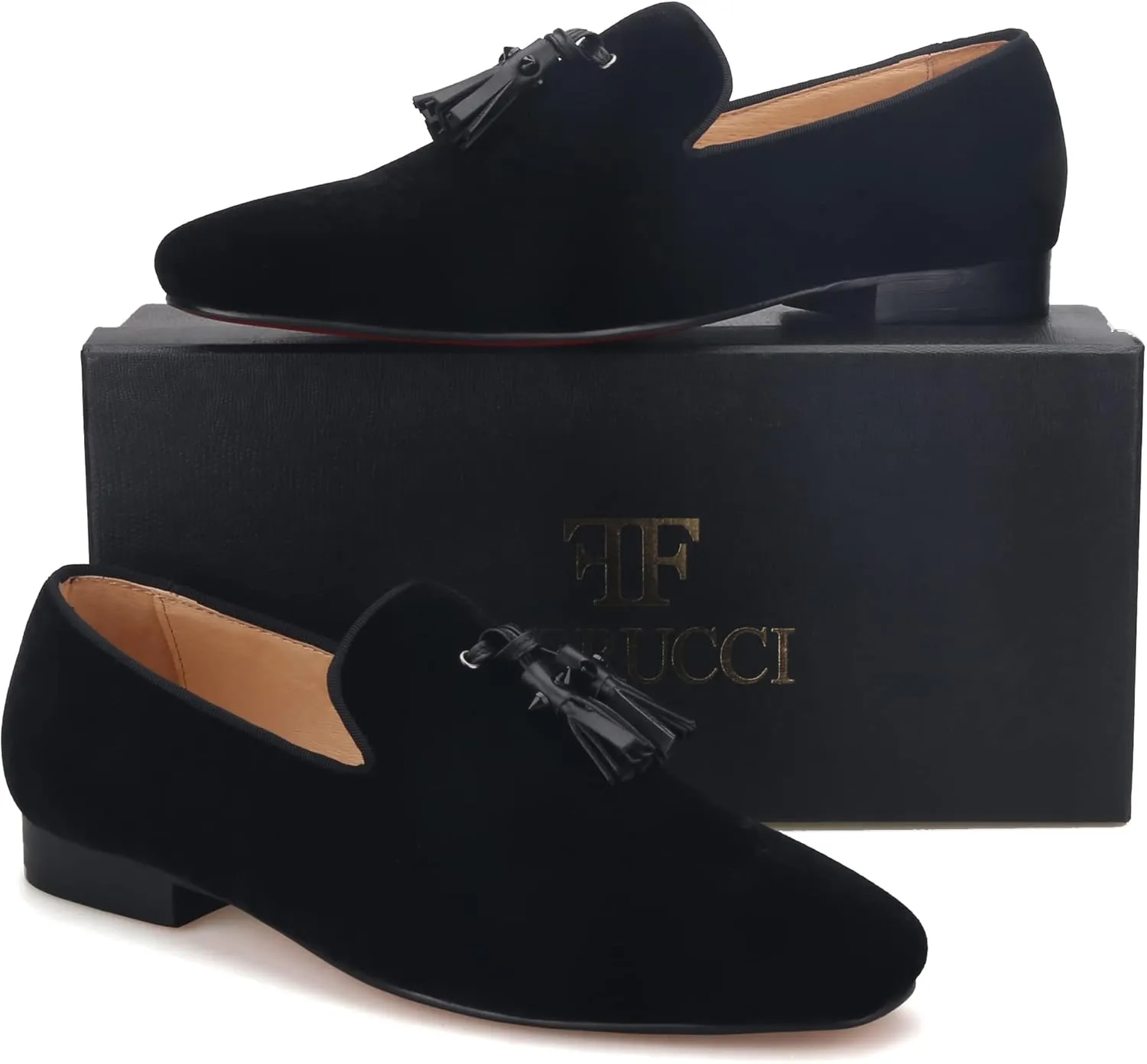 FERUCCI Men Plain Black Velvet Spiked Tassel Slippers Loafers Flats Prom Wedding