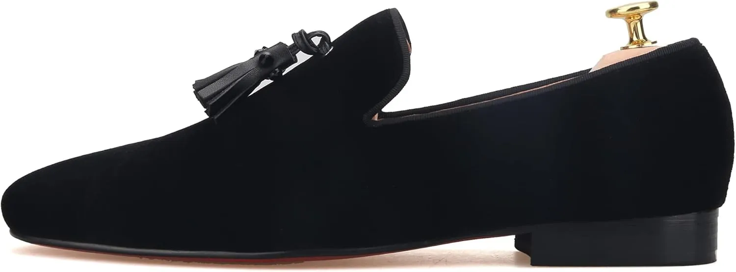 FERUCCI Men Plain Black Velvet Spiked Tassel Slippers Loafers Flats Prom Wedding