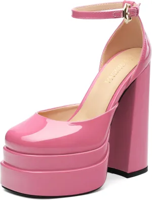 FOGEENA Platform Chunky Heels for Women Block High Heels Patent Closed Round Toe Ankle Strap 5.9 Inch Pumps Fashion Dating Prom Party Dress Shoes