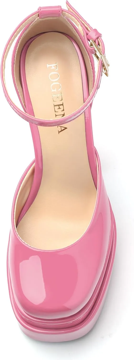 FOGEENA Platform Chunky Heels for Women Block High Heels Patent Closed Round Toe Ankle Strap 5.9 Inch Pumps Fashion Dating Prom Party Dress Shoes