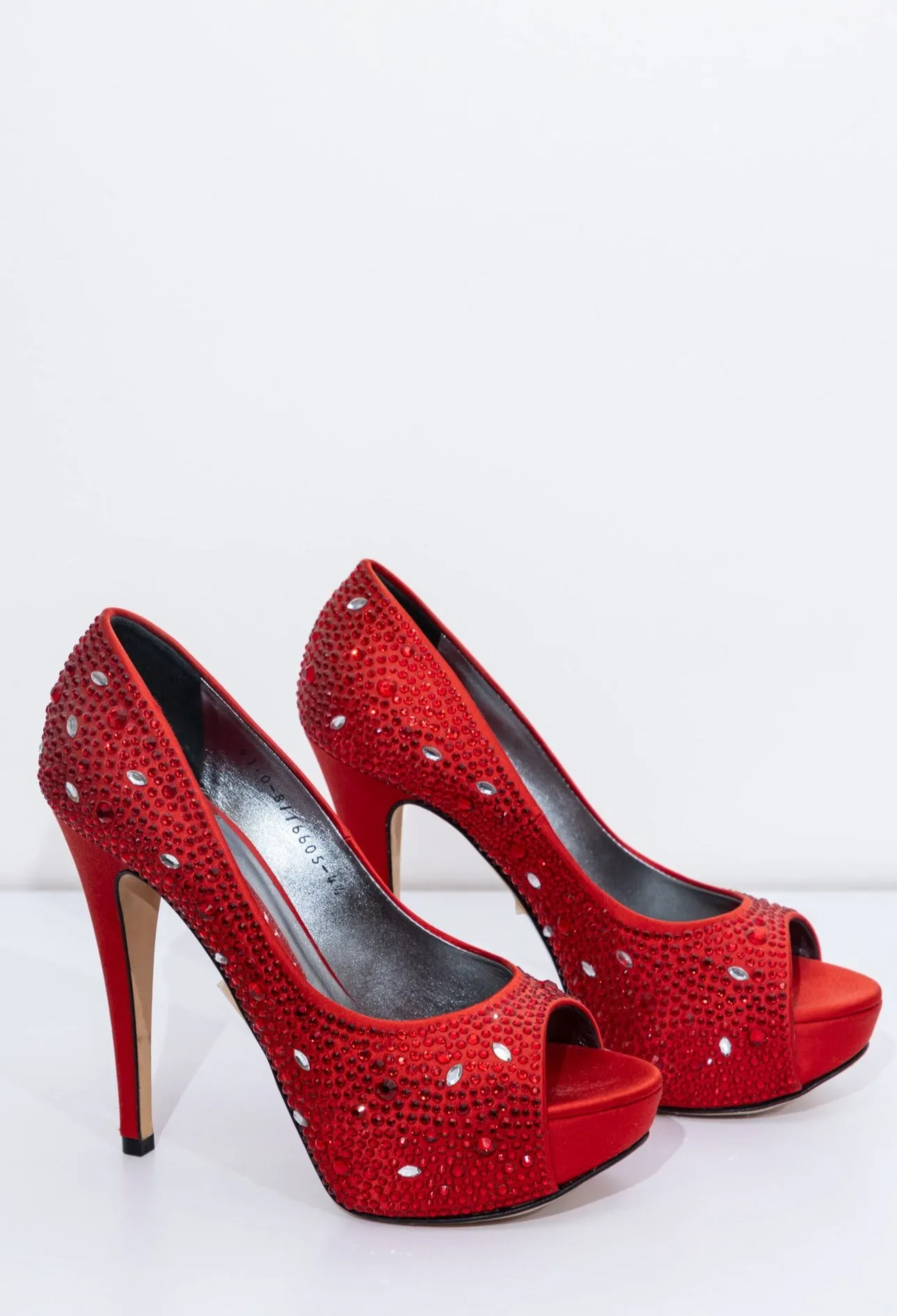 GINA Red Satin Crystal Embellished Peep Toe Platform Pumps