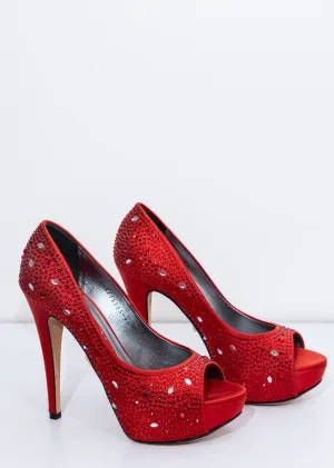 GINA Red Satin Crystal Embellished Peep Toe Platform Pumps