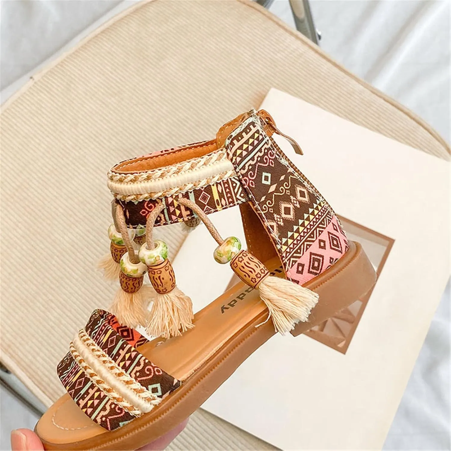 Gladiators for Girls Girls Open Toe Sandals Stilettos Fashion Tassel Ankle Strap Pumps Back Zip Kids (Khaki, 8 Toddler)
