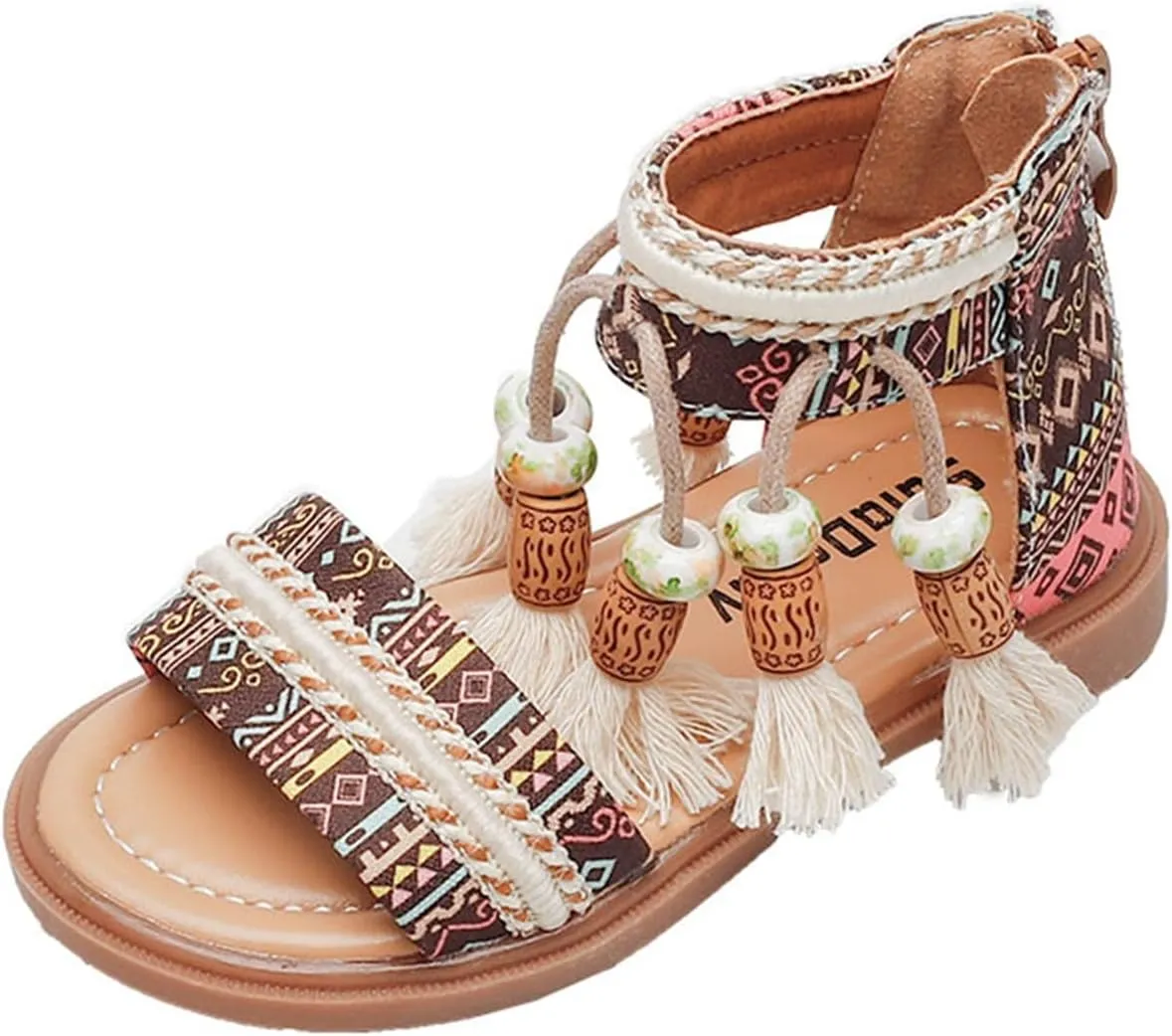 Gladiators for Girls Girls Open Toe Sandals Stilettos Fashion Tassel Ankle Strap Pumps Back Zip Kids (Khaki, 8 Toddler)