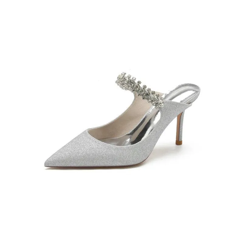 Glitter Pointed Toe Rhinestone Strappy Slip-on Stiletto Heels