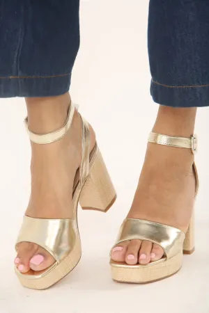 GOLD LOW PLATFORM RAFFIA BLOCK HEELS