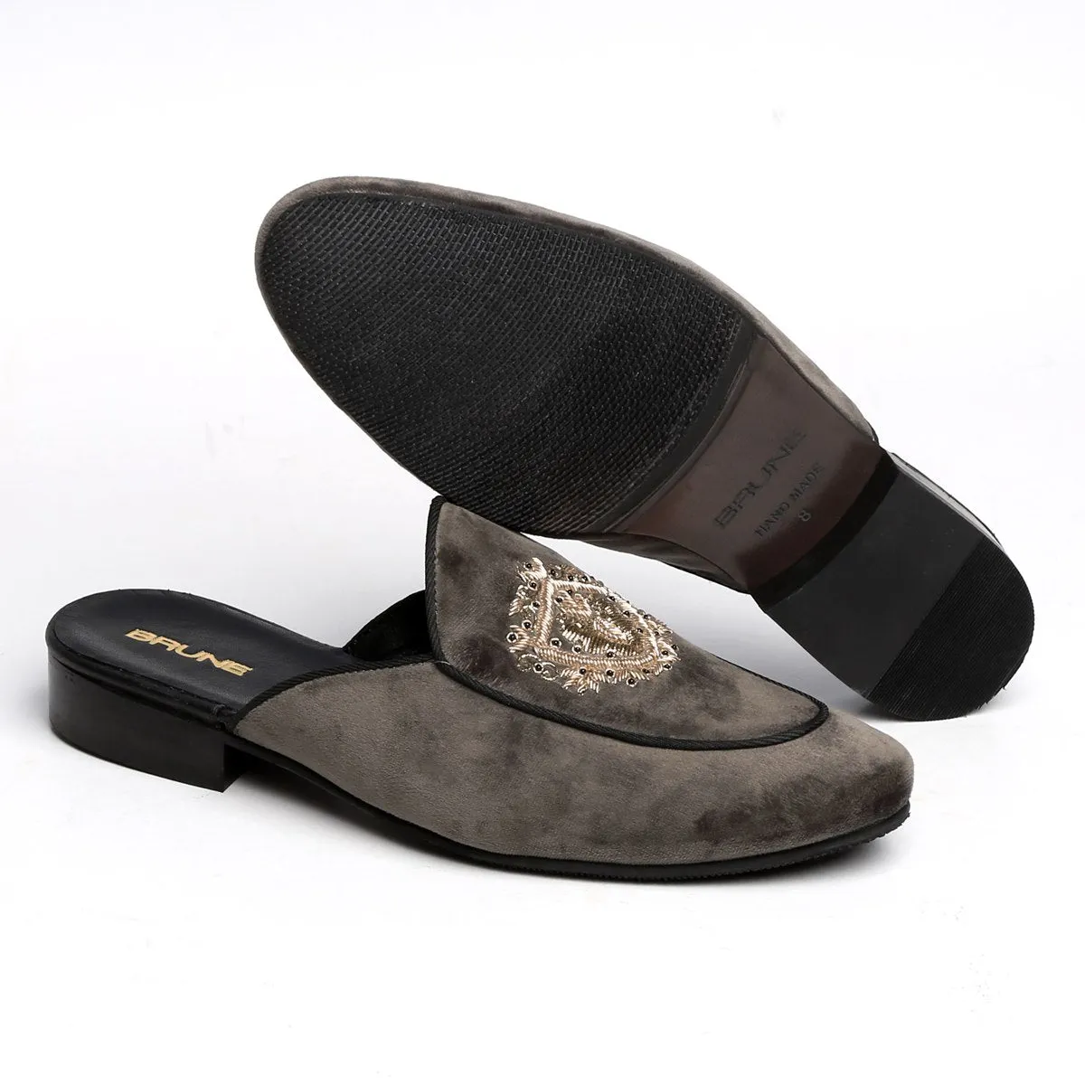 Grey Velvet Golden Crest Zardosi Mules By Brune & Bareskin