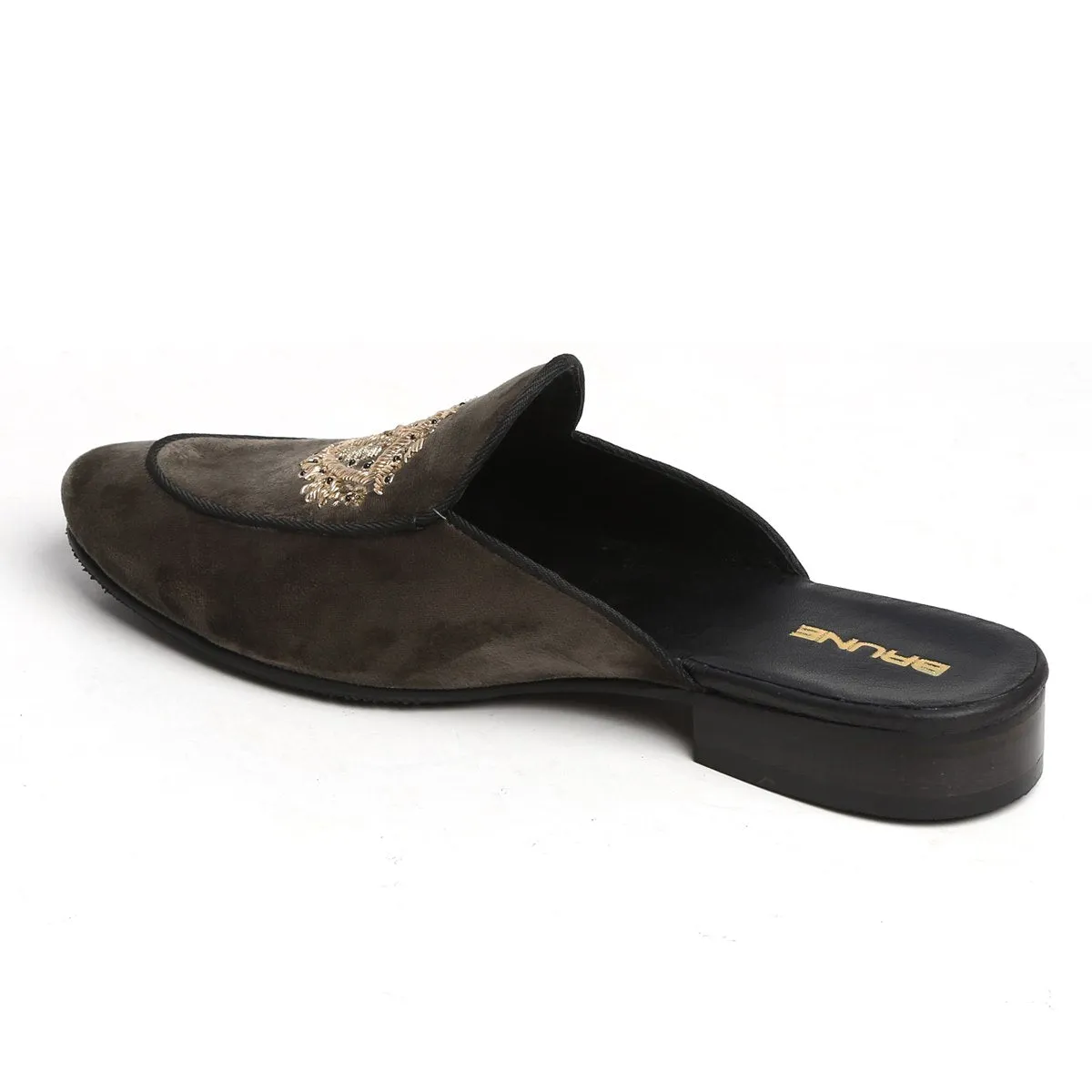 Grey Velvet Golden Crest Zardosi Mules By Brune & Bareskin