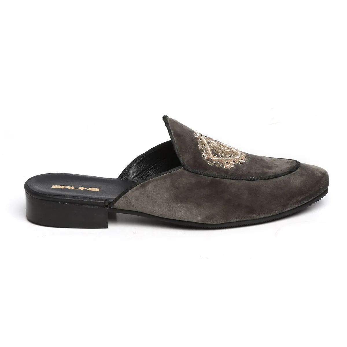 Grey Velvet Golden Crest Zardosi Mules By Brune & Bareskin