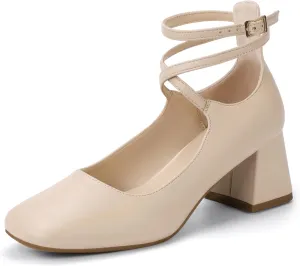 IDIFU IN2 Mary Jane Shoes Strappy Low Chunky Block Closed Toe Heels Dress Shoes for Women Wedding Bridal Work Office Business Prom Shoes Comfortable Dressy Formal Vintage Short Square Toe Heels Pumps