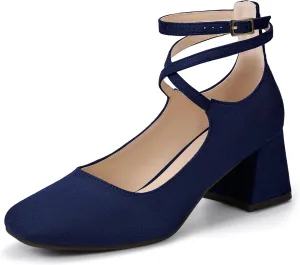 IDIFU IN2 Mary Jane Shoes Strappy Low Chunky Block Closed Toe Heels Dress Shoes for Women Wedding Bridal Work Office Business Prom Shoes Comfortable Dressy Formal Vintage Short Square Toe Heels Pumps