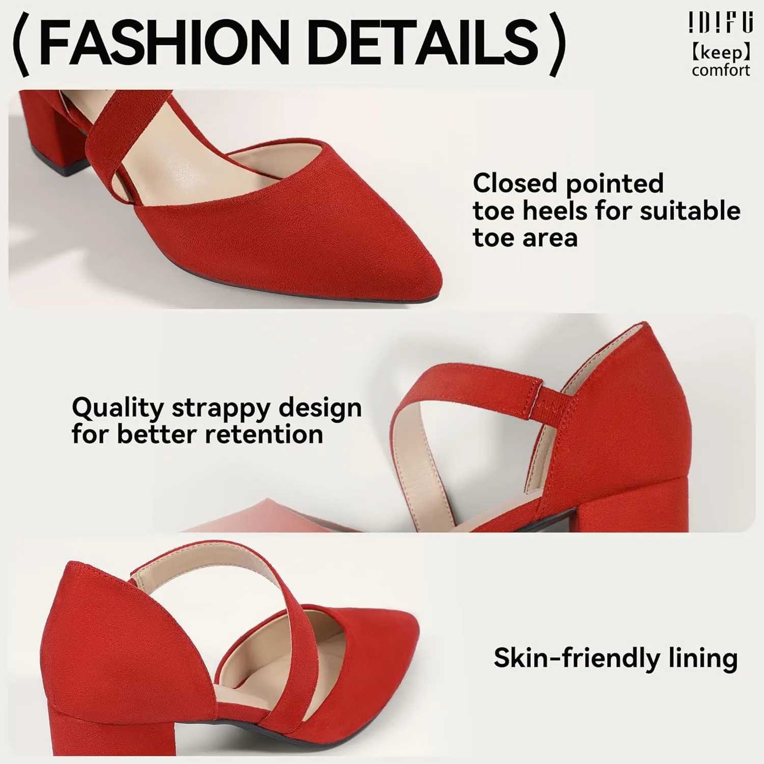 IDIFU IN2 Women's Pumps Closed Toe Strappy Heels Low Block Chunky Heels Dressy Wedding Bride Bridesmaid Prom Graduation Business Dress Shoes for Women Comfortable Formal Pointed Toe Short Small Heels