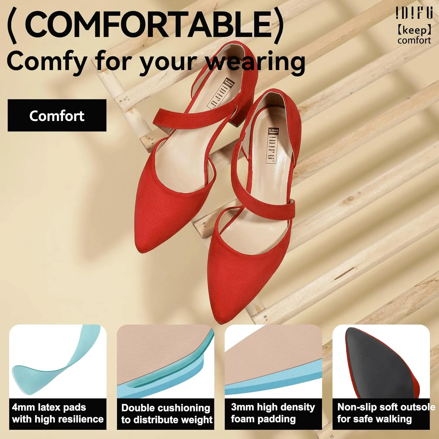 IDIFU IN2 Women's Pumps Closed Toe Strappy Heels Low Block Chunky Heels Dressy Wedding Bride Bridesmaid Prom Graduation Business Dress Shoes for Women Comfortable Formal Pointed Toe Short Small Heels
