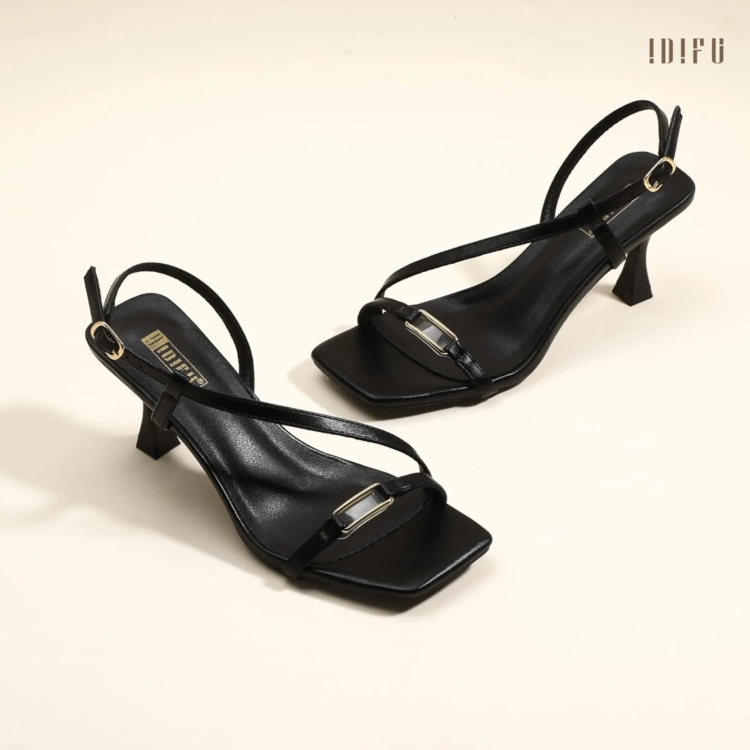 IDIFU IN3 Kitten Heels Strappy Slingback Open Square Toe Short Low Small Heeled Sandals Wedding Bridal Prom Bride Bridesmaid Dress Shoes For Women Comfortable Work Cute Trendy Fashion Heels
