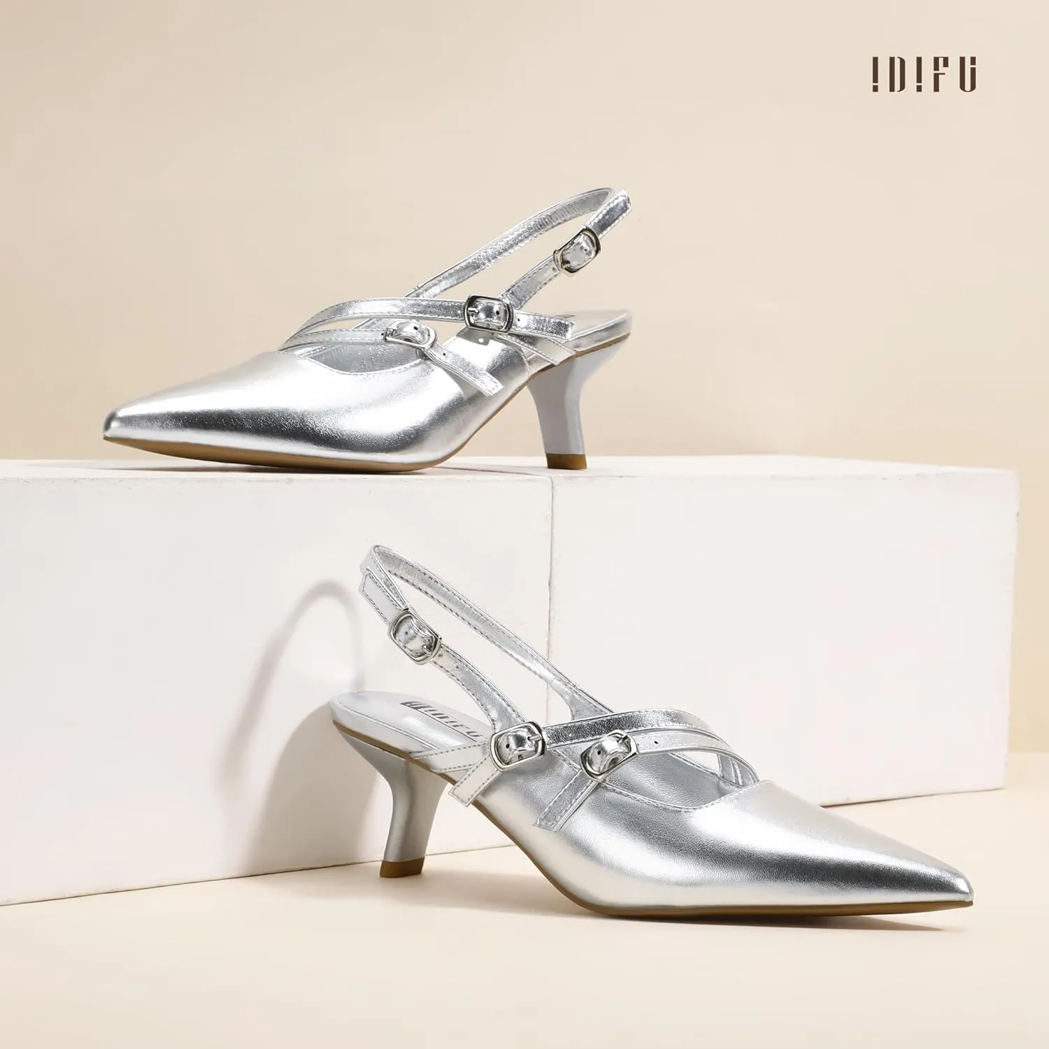 IDIFU IN3 Slingback Heels Closed Pointed Toe Pumps Strappy Low Short Chunky Block Dress Shoes for Women Wedding Bridal Prom Formal Graduation Heels Comfortable Cute Trendy Dressy Small Pumps Shoes