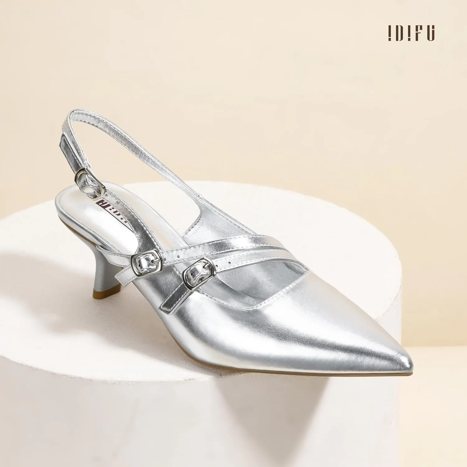 IDIFU IN3 Slingback Heels Closed Pointed Toe Pumps Strappy Low Short Chunky Block Dress Shoes for Women Wedding Bridal Prom Formal Graduation Heels Comfortable Cute Trendy Dressy Small Pumps Shoes
