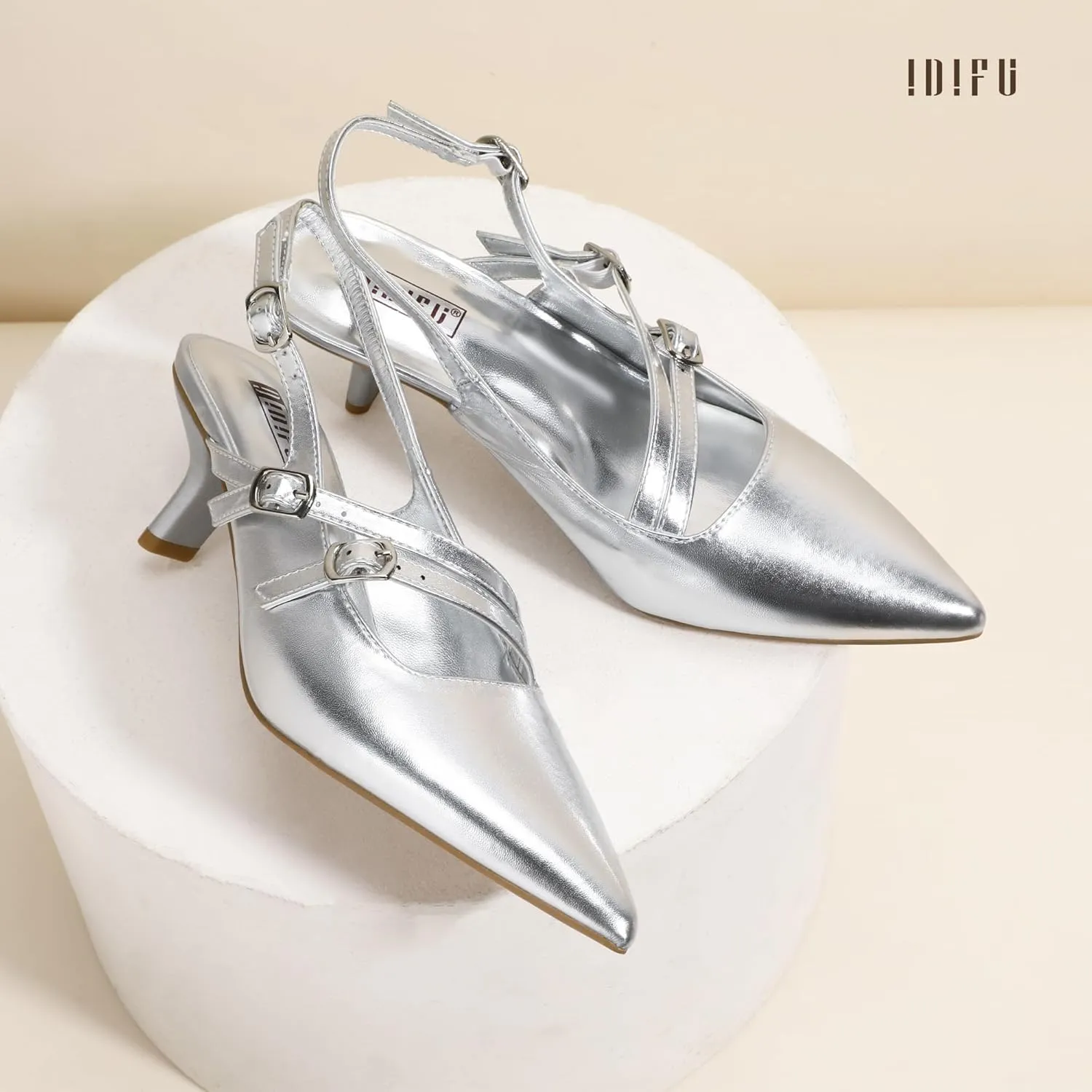 IDIFU IN3 Slingback Heels Closed Pointed Toe Pumps Strappy Low Short Chunky Block Dress Shoes for Women Wedding Bridal Prom Formal Graduation Heels Comfortable Cute Trendy Dressy Small Pumps Shoes