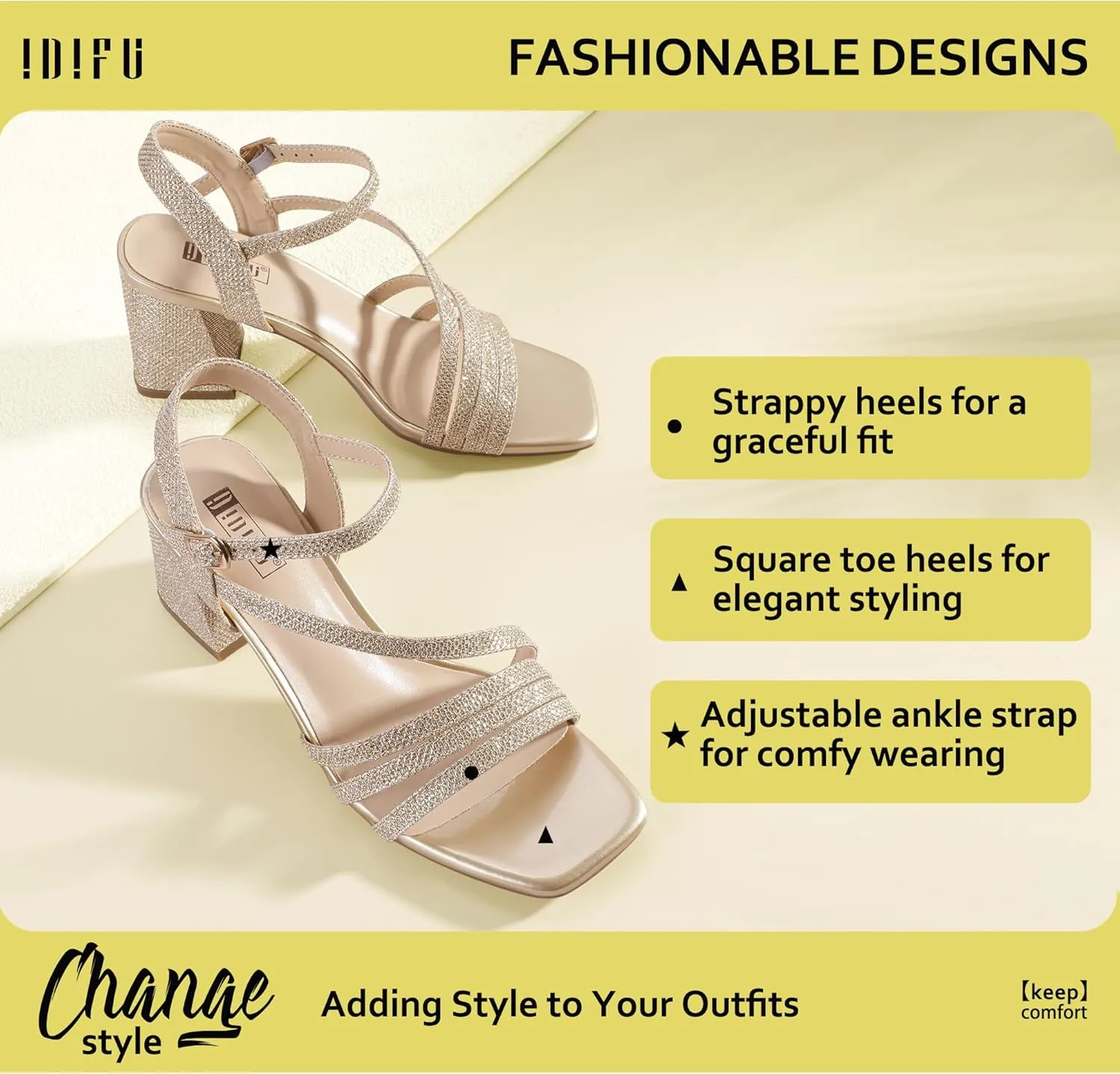 IDIFU IN3 Strappy Heels for Women Chunky Block Heels Square Toe Low Heels Wedding Prom Bride Bridal Party Dress Shoes for Women Comfortable Dressy Cute Trendy Heeled Sandals Short Thick Slingback Heels
