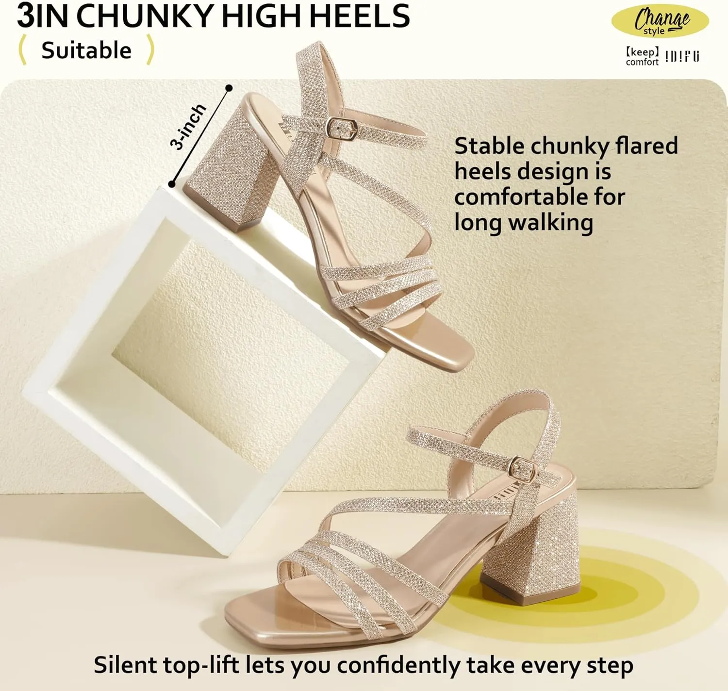 IDIFU IN3 Strappy Heels for Women Chunky Block Heels Square Toe Low Heels Wedding Prom Bride Bridal Party Dress Shoes for Women Comfortable Dressy Cute Trendy Heeled Sandals Short Thick Slingback Heels