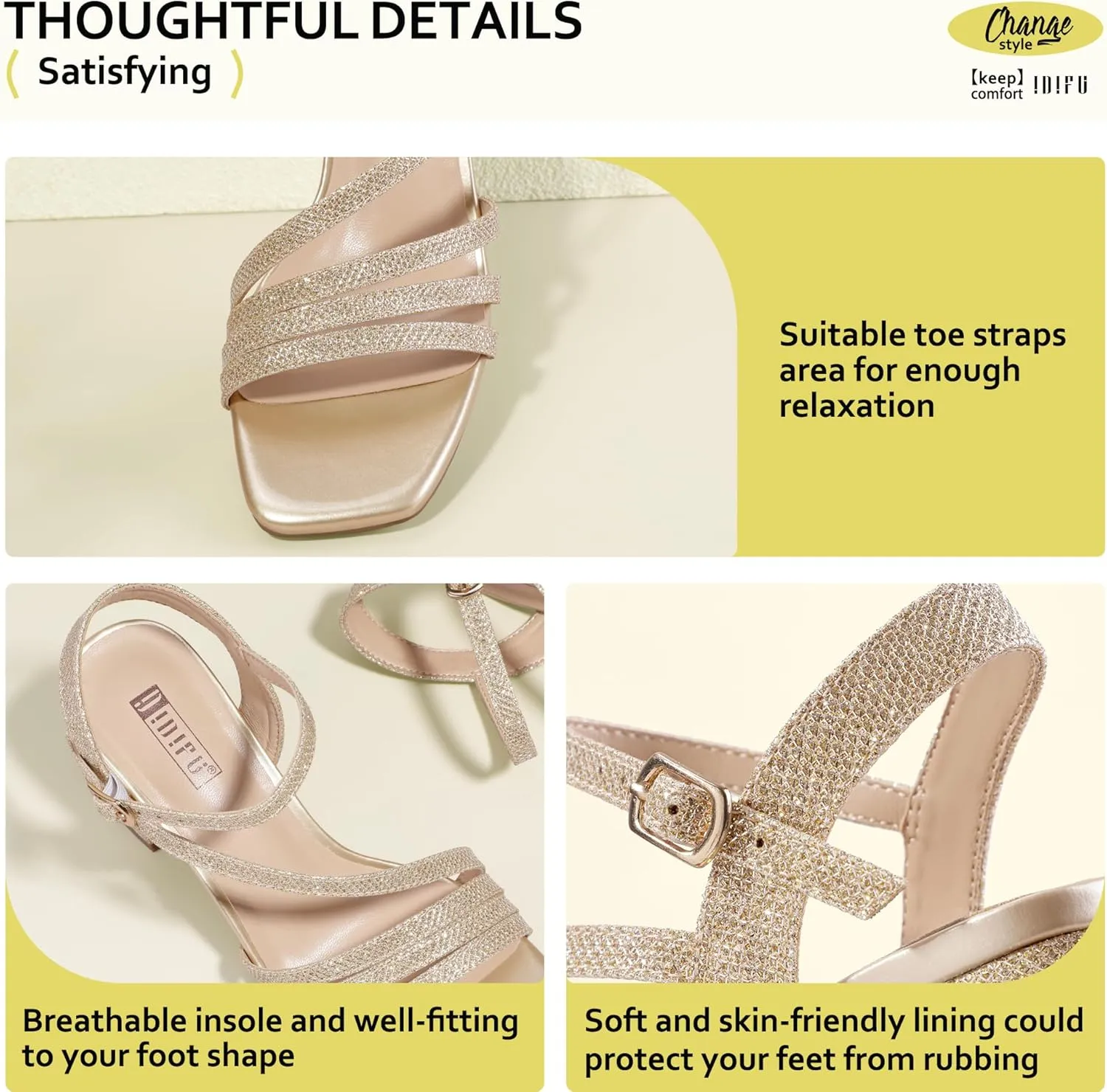 IDIFU IN3 Strappy Heels for Women Chunky Block Heels Square Toe Low Heels Wedding Prom Bride Bridal Party Dress Shoes for Women Comfortable Dressy Cute Trendy Heeled Sandals Short Thick Slingback Heels