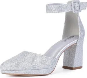IDIFU IN3 Women's Chunky Block Heels Dress Shoes for Women - Dressy Wedding Bridal Prom Shoes - Pointed Toe Ankle Strap Comfortable Short Thick Heels