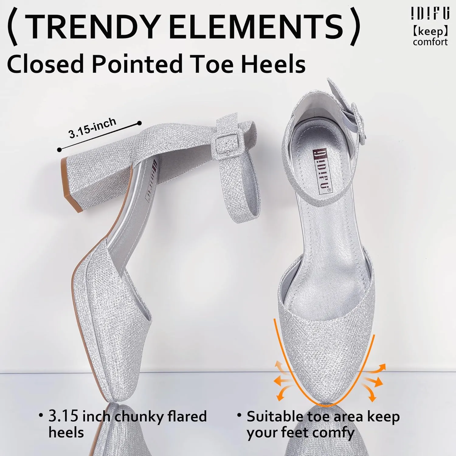 IDIFU IN3 Women's Chunky Block Heels Dress Shoes for Women - Dressy Wedding Bridal Prom Shoes - Pointed Toe Ankle Strap Comfortable Short Thick Heels