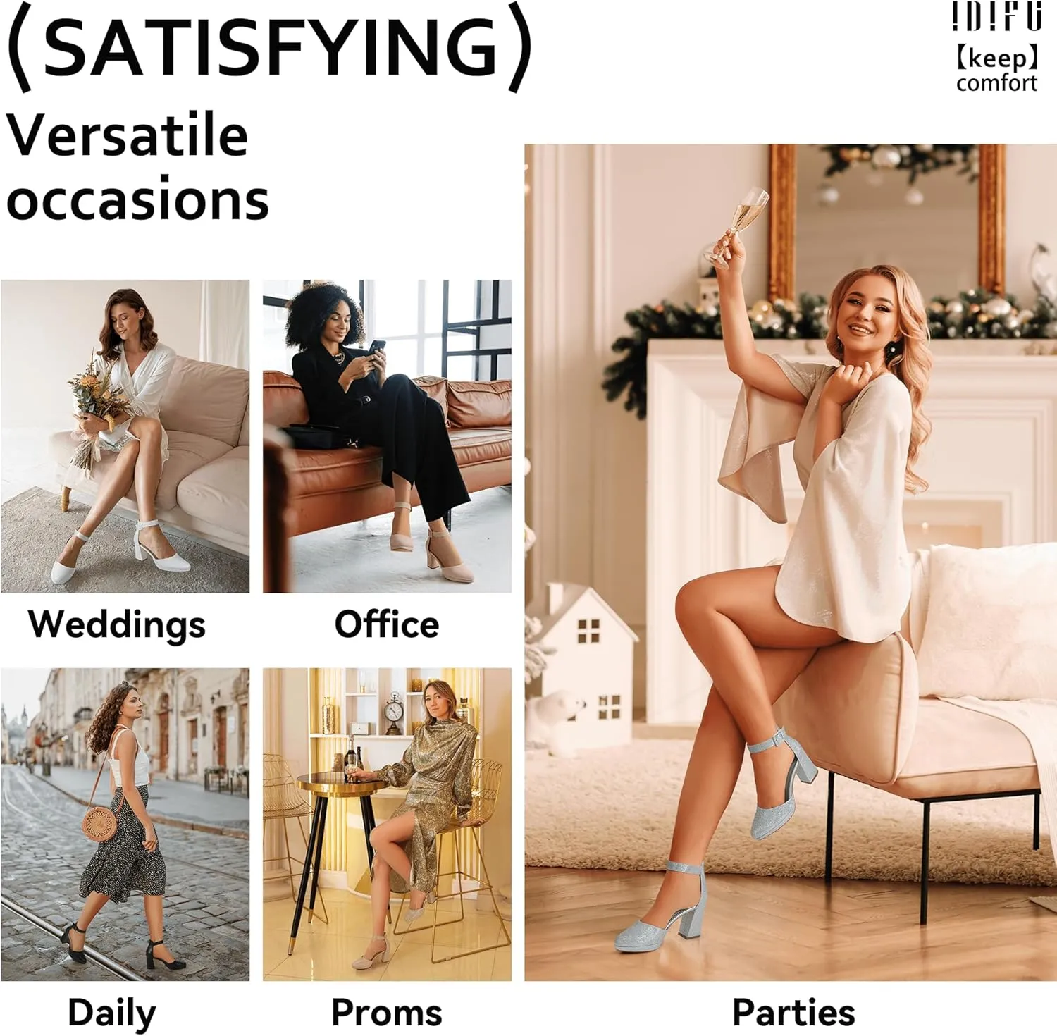 IDIFU IN3 Women's Chunky Block Heels Dress Shoes for Women - Dressy Wedding Bridal Prom Shoes - Pointed Toe Ankle Strap Comfortable Short Thick Heels