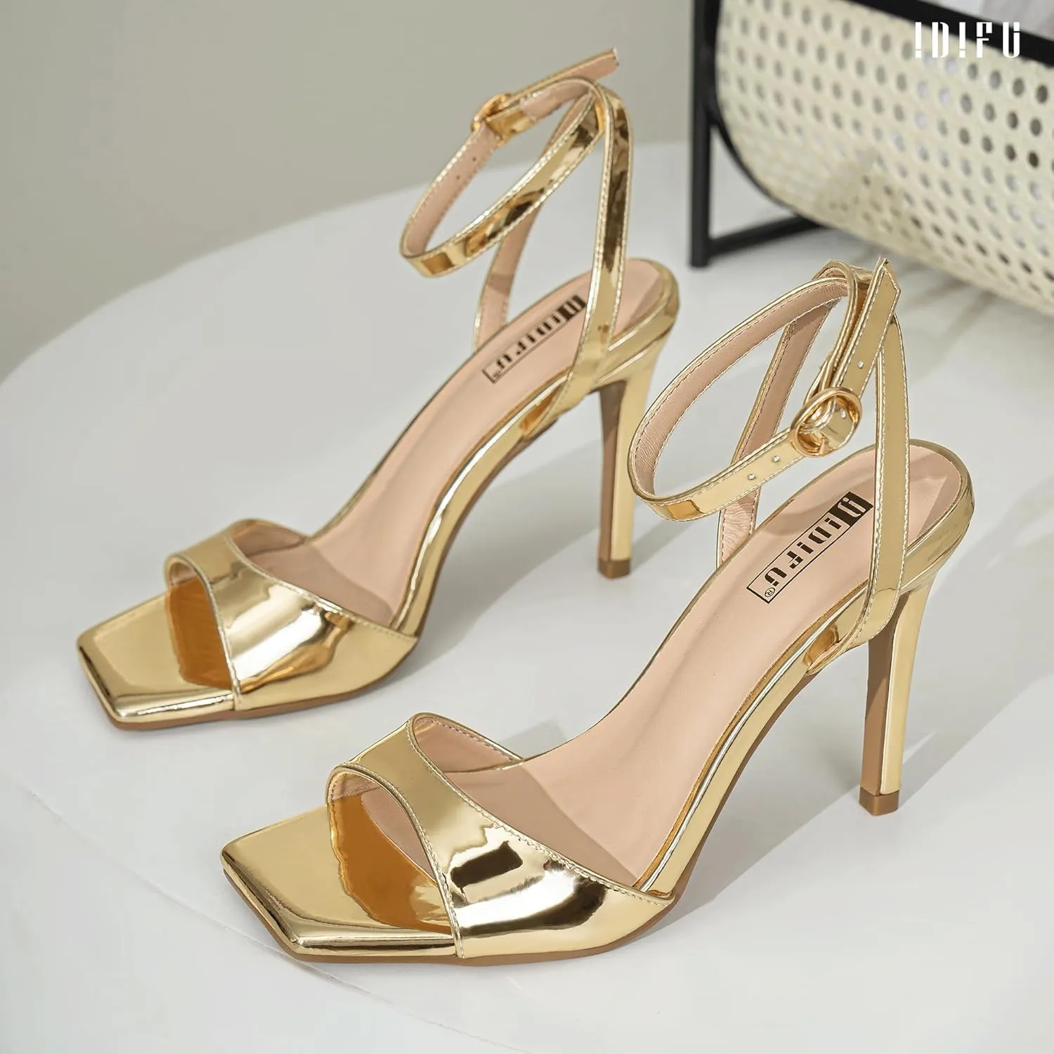 IDIFU IN4 High Heels Strappy Stiletto Heels Square Open Toe Heeled Sandals Wedding Bridal Prom Party Evening Dress Shoes for Women Comfortable Sexy Dressy Cute Ankle Strap Heels