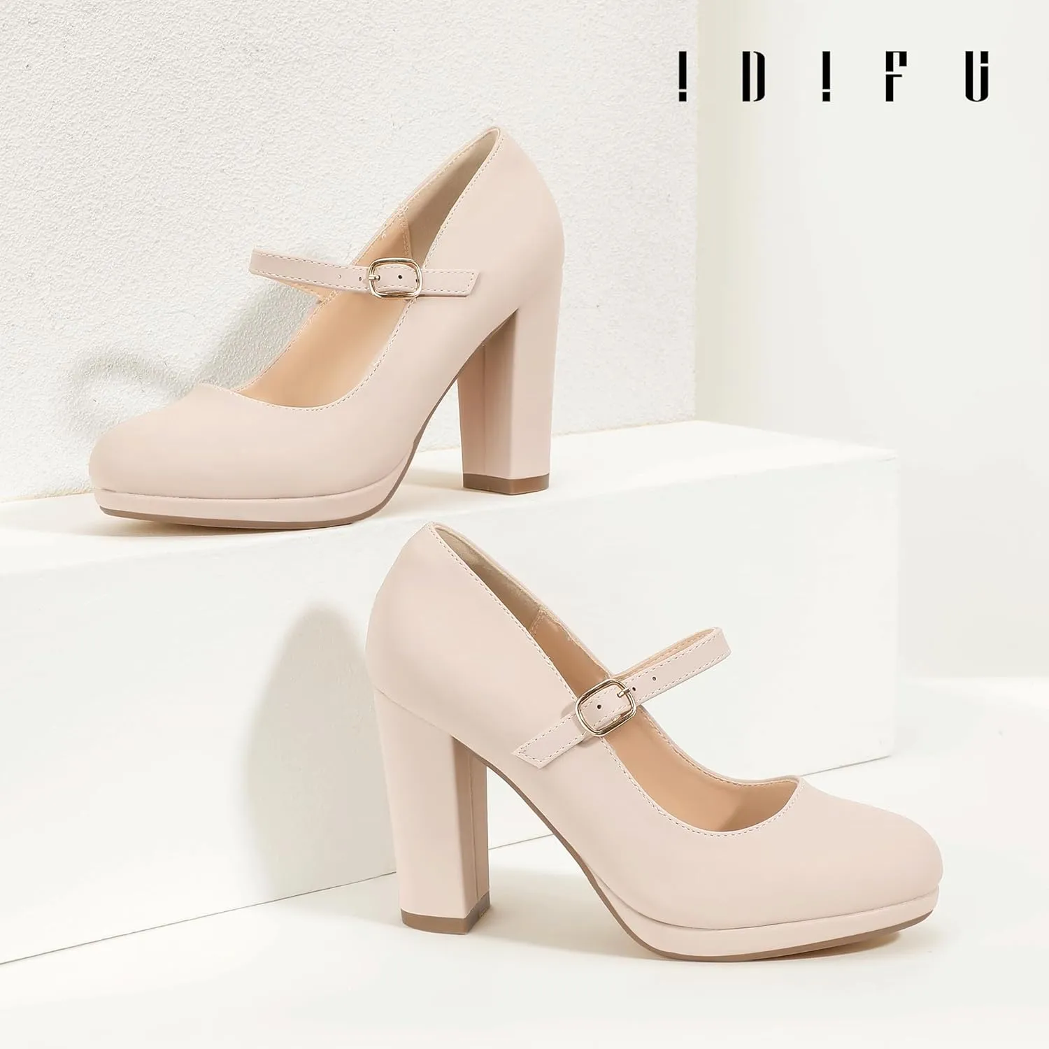 IDIFU IN4 Mary Jane Shoes Closed Toe Heels Platform High Chunky Block Heels Women's Pumps Comfortable Dress Shoes for Women Wedding Bridal Work Fashion Round Toe Pumps Shoes