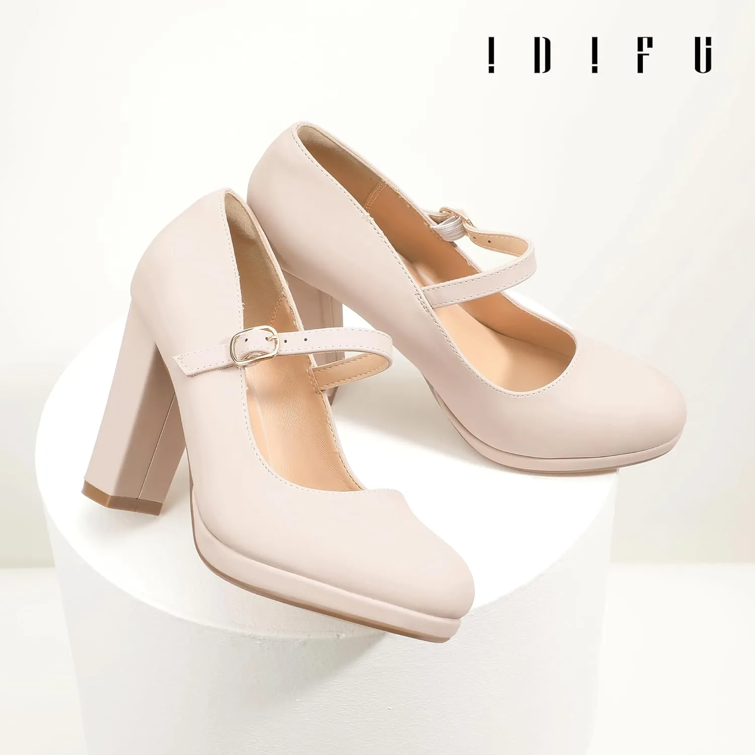 IDIFU IN4 Mary Jane Shoes Closed Toe Heels Platform High Chunky Block Heels Women's Pumps Comfortable Dress Shoes for Women Wedding Bridal Work Fashion Round Toe Pumps Shoes