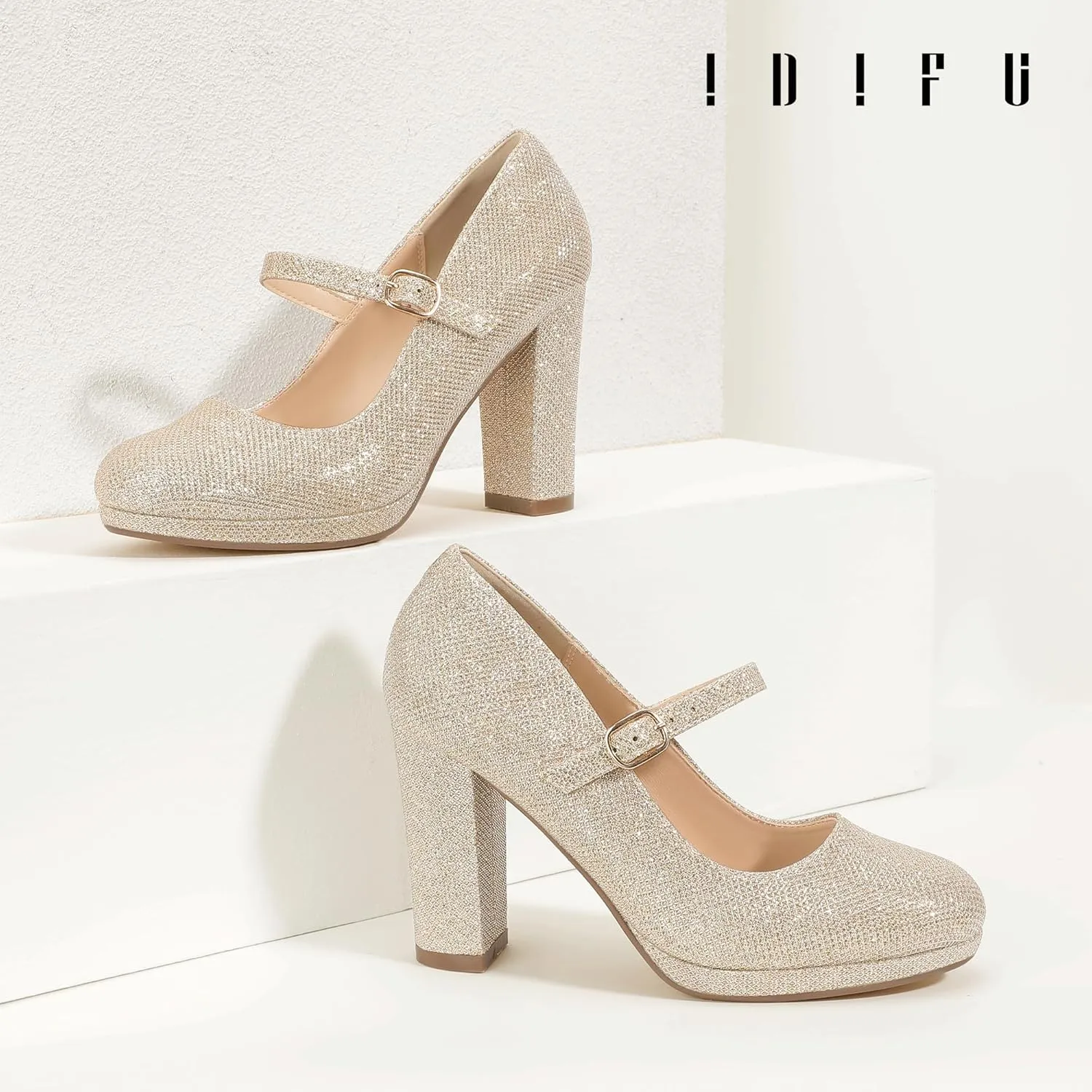 IDIFU IN4 Mary Jane Shoes Closed Toe Heels Platform High Chunky Block Heels Women's Pumps Comfortable Dress Shoes for Women Wedding Bridal Work Fashion Round Toe Pumps Shoes