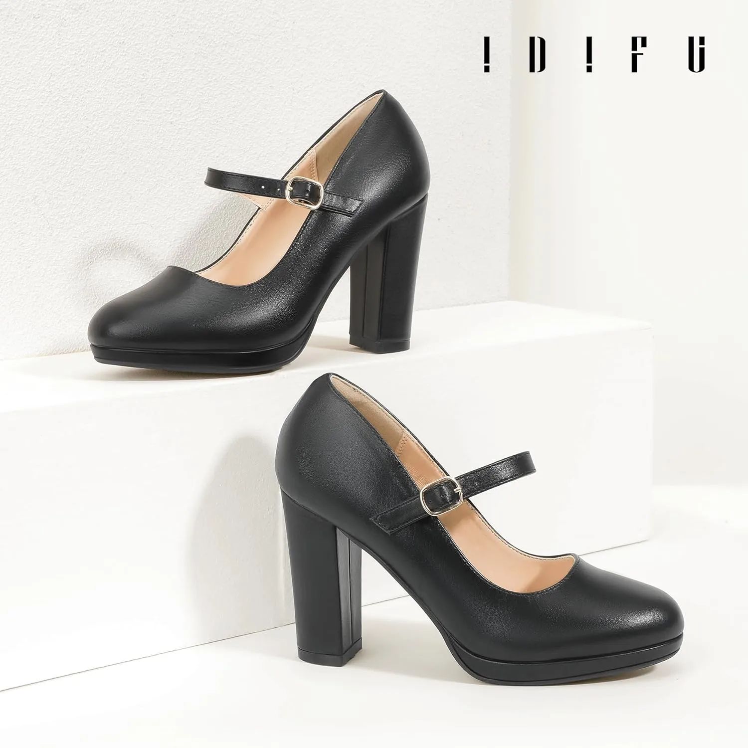 IDIFU IN4 Mary Jane Shoes Closed Toe Heels Platform High Chunky Block Heels Women's Pumps Comfortable Dress Shoes for Women Wedding Bridal Work Fashion Round Toe Pumps Shoes