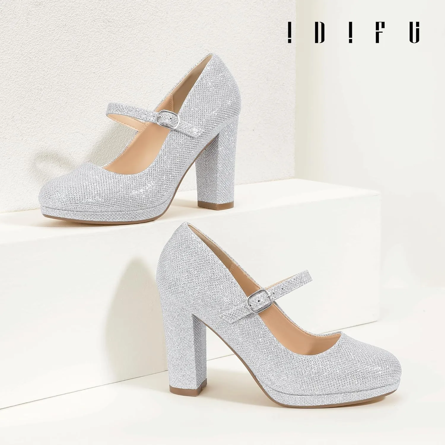 IDIFU IN4 Mary Jane Shoes Closed Toe Heels Platform High Chunky Block Heels Women's Pumps Comfortable Dress Shoes for Women Wedding Bridal Work Fashion Round Toe Pumps Shoes