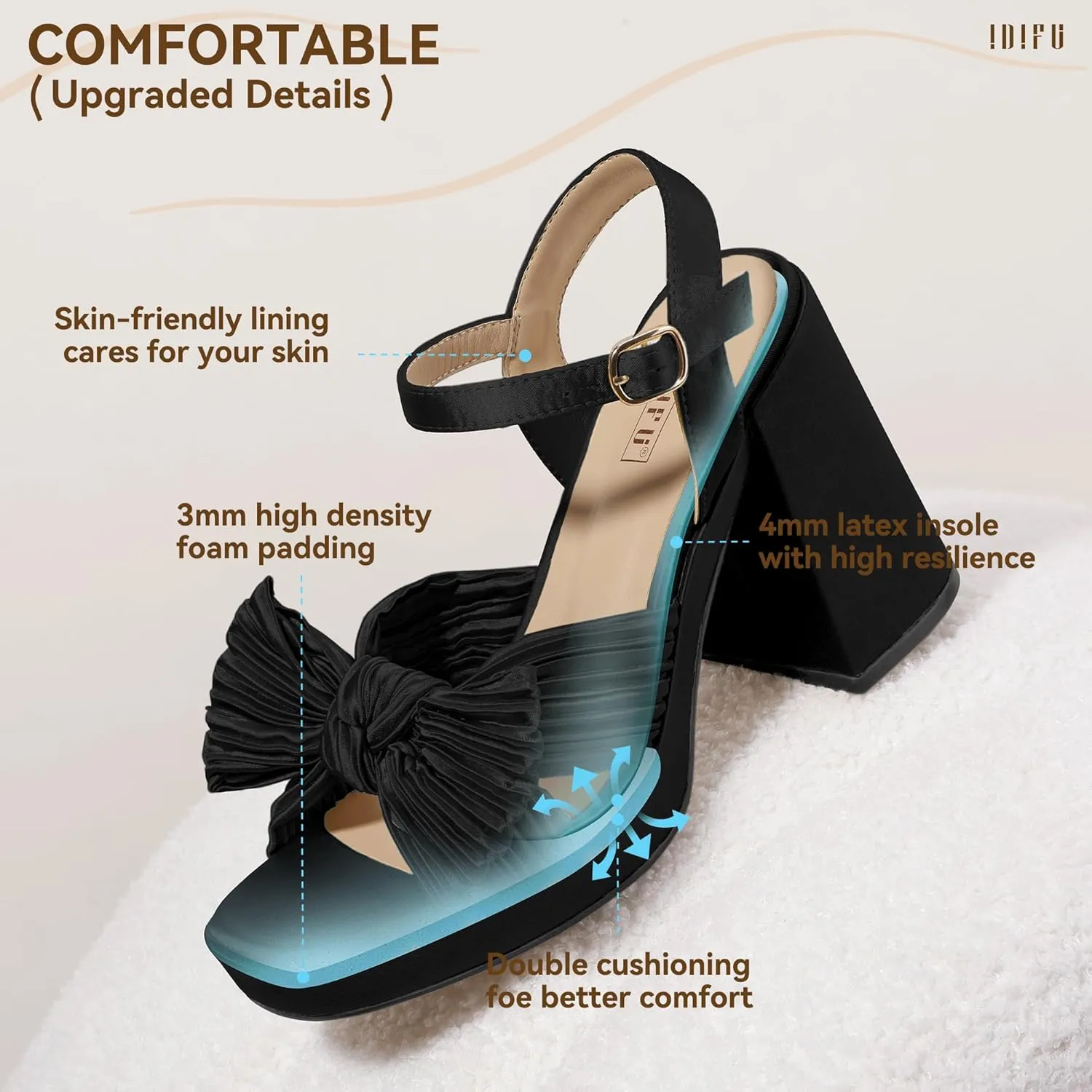 IDIFU IN4 Platform Chunky Block High Bow Heels Square Open Toe Slingback Heeled Sandals Bride Bridesmaid Wedding Bridal Prom Dress Shoes Comfortable Dressy Cute Ankle Strap Thick Heels