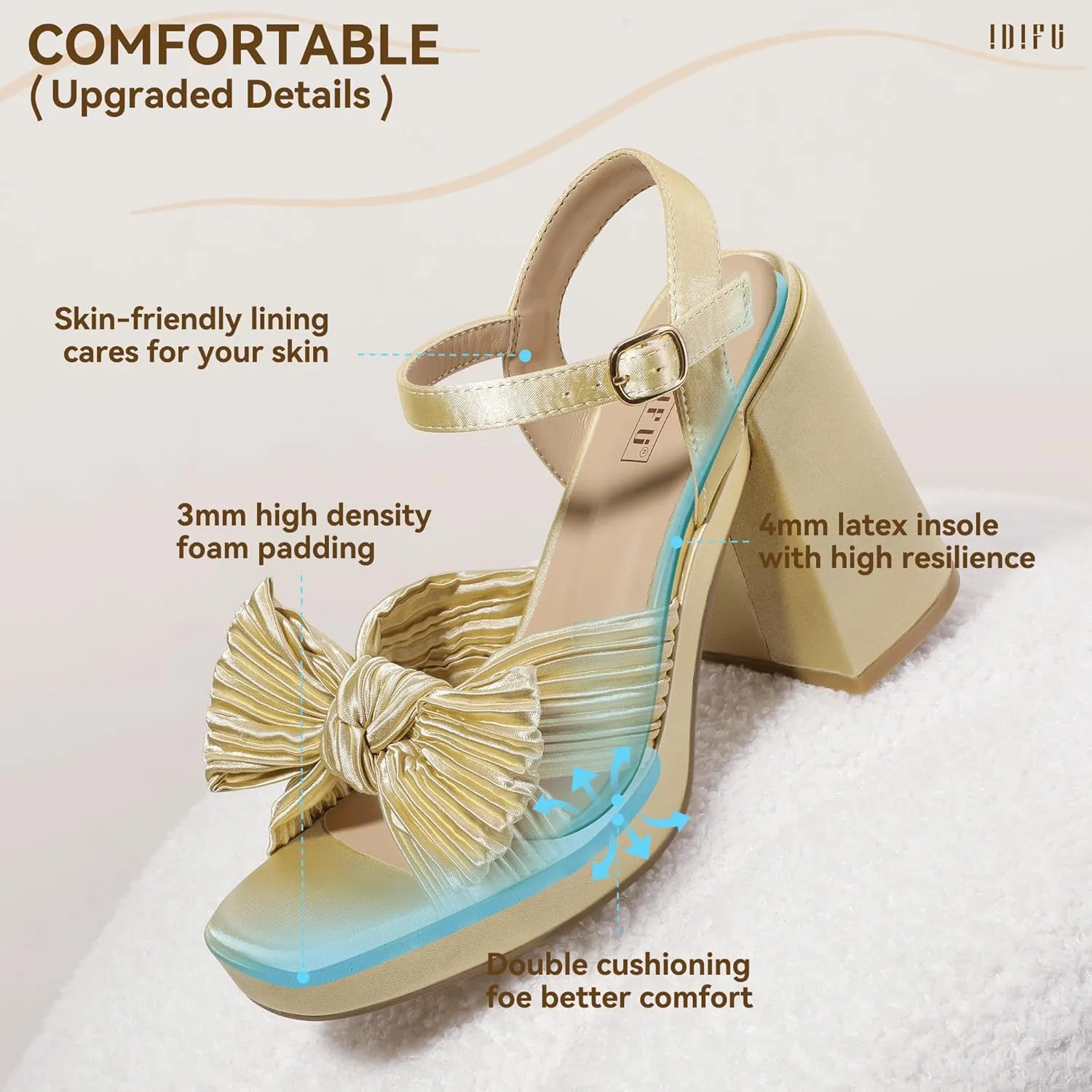 IDIFU IN4 Platform Chunky Block High Bow Heels Square Open Toe Slingback Heeled Sandals Bride Bridesmaid Wedding Bridal Prom Dress Shoes Comfortable Dressy Cute Ankle Strap Thick Heels