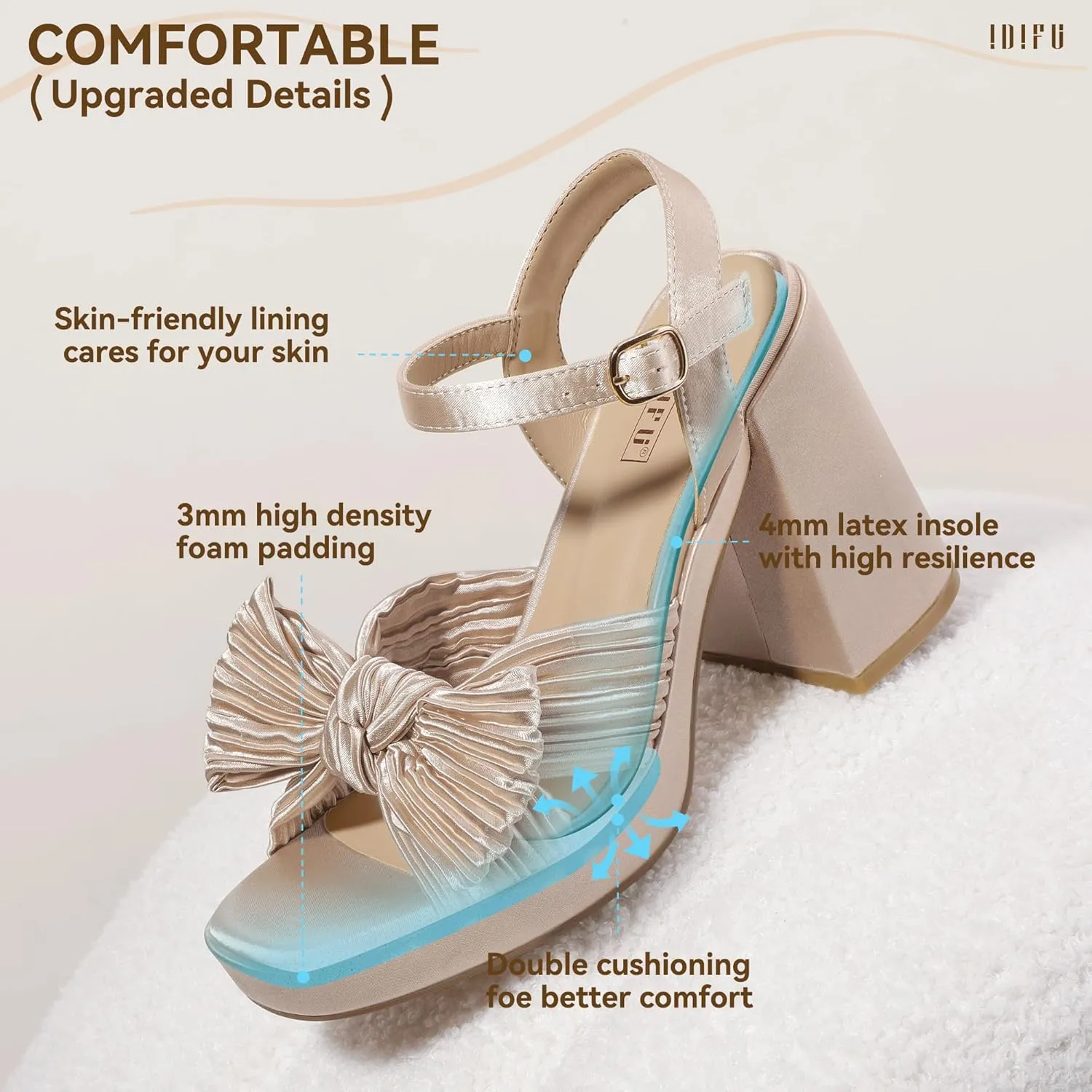 IDIFU IN4 Platform Chunky Block High Bow Heels Square Open Toe Slingback Heeled Sandals Bride Bridesmaid Wedding Bridal Prom Dress Shoes Comfortable Dressy Cute Ankle Strap Thick Heels