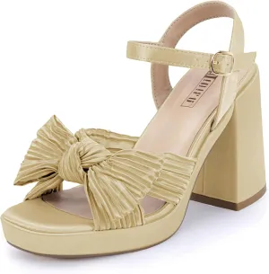 IDIFU IN4 Platform Chunky Block High Bow Heels Square Open Toe Slingback Heeled Sandals Bride Bridesmaid Wedding Bridal Prom Dress Shoes Comfortable Dressy Cute Ankle Strap Thick Heels