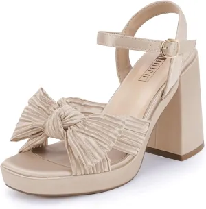 IDIFU IN4 Platform Chunky Block High Bow Heels Square Open Toe Slingback Heeled Sandals Bride Bridesmaid Wedding Bridal Prom Dress Shoes Comfortable Dressy Cute Ankle Strap Thick Heels