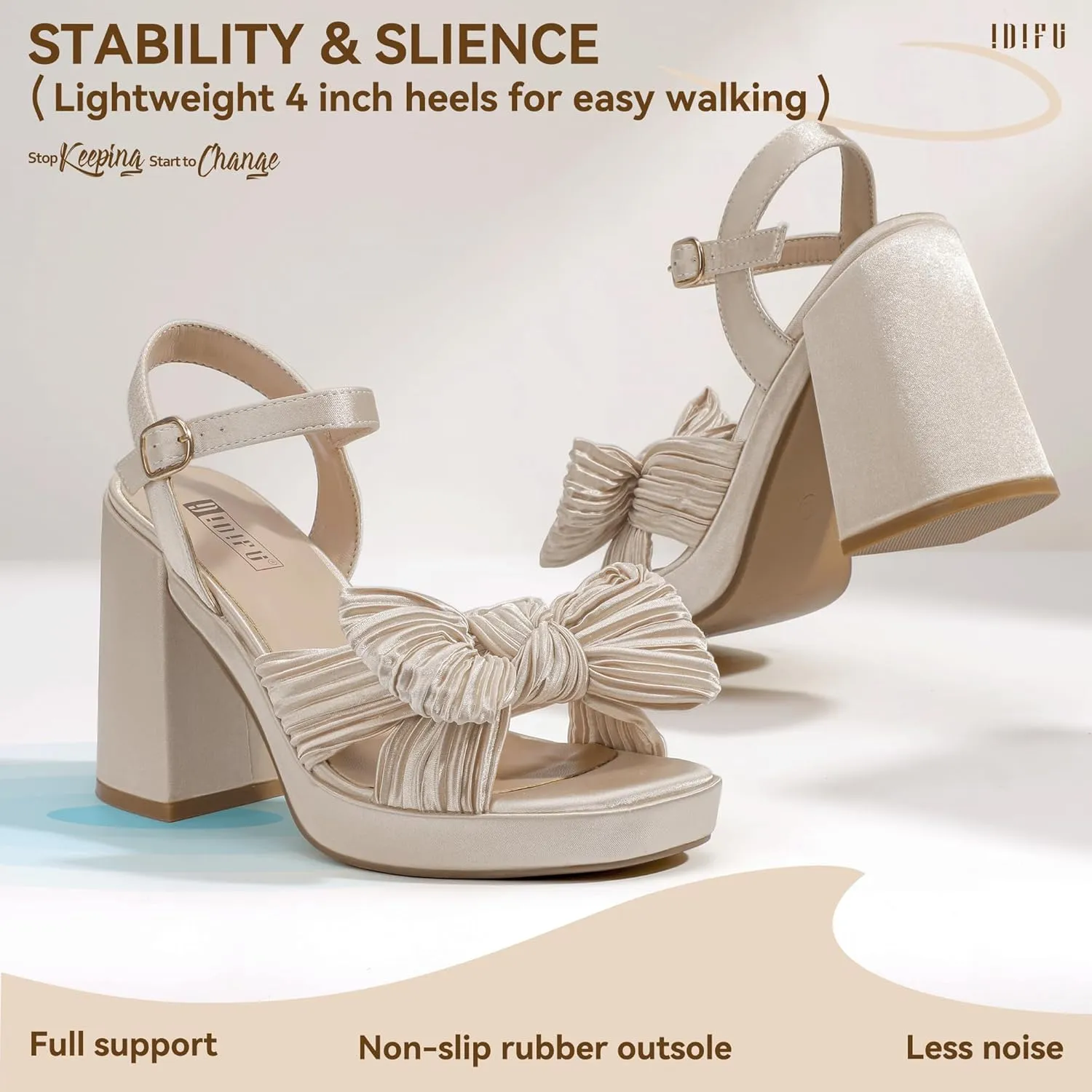 IDIFU IN4 Platform Chunky Block High Bow Heels Square Open Toe Slingback Heeled Sandals Bride Bridesmaid Wedding Bridal Prom Dress Shoes Comfortable Dressy Cute Ankle Strap Thick Heels