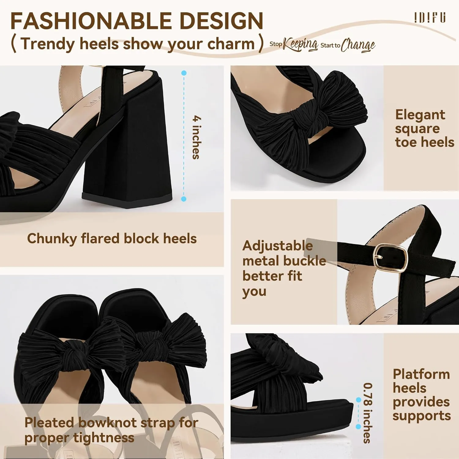 IDIFU IN4 Platform Chunky Block High Bow Heels Square Open Toe Slingback Heeled Sandals Bride Bridesmaid Wedding Bridal Prom Dress Shoes Comfortable Dressy Cute Ankle Strap Thick Heels